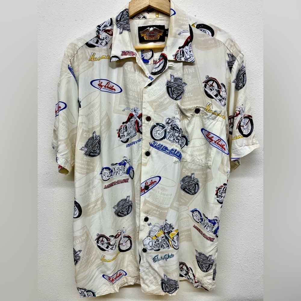 Harley-Davidson Shirt Unisex M Beige Hawaiian Bike AOP Made In Hawaii